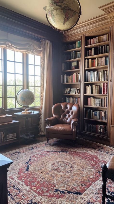 Step into Capricorn's classic library 📚✨ where sophistication meets timeless charm. Enjoy floor-to-ceiling bookshelves, sink into leather armchairs, explore with an antique globe, and walk on a traditional area rug. Perfect blend of elegance and intellect 🌍📖 #LibraryLovers #VintageVibes Antique Library Room, Light Academia Library, Georgian Revival Homes, Antique Globe, Floor To Ceiling Bookshelves, Antique Library, English Library, Classic Library, Private Library