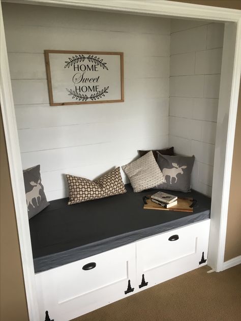 Turned Closet into reading nook. Closet Into Reading Nook, Nooks Ideas, Closet Nook, Reading Nook Closet, Bed Closet, Closet Transformation, Bedroom Remodeling, Guest Bedroom Remodel, Kids Bedroom Remodel