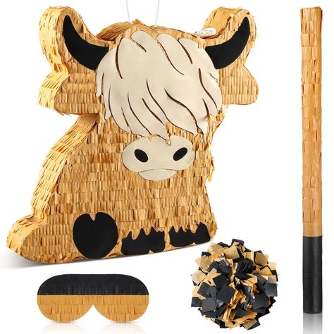 PRICES MAY VARY. You Will Get: there are 1 piece of highland cow pinata, with the size of 15.75 x 14.37 x 2.76 inch, 1 piece of blindfold, and 1 piece of bat, 1 bag of confetti, ample quantity can meet your party decoration needs Reliable Material: the cow pinata is made of thick cardboard, decorated with tissue paper, sturdy and reliable, equipped with a plastic loop for easy hanging Easy to Fill: the small pinata is designed with a pre cut hole, and the filling hole comes with a sticker, allow Farm Theme Pinata, Highland Cow Bday Party, Highland Cow Pinata, Highland Cow Party Ideas, Western Piñata, Western Theme First Birthday Party, Cow Piñata, Highland Cow Birthday Party, Cow Party Decorations