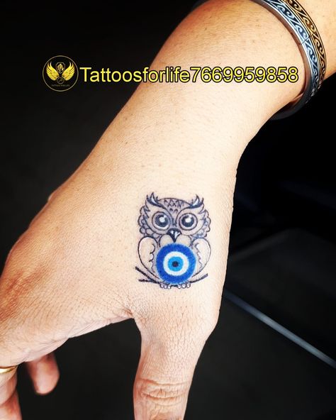 Owl With Evil Eye Tattoo, Greece Eye Tattoo, Evil Eye Bracelet Tattoo, Greek Hand Tattoo, Eye Protection Tattoo, Eye Tattoo Hand, Mom Tattoo Quotes, Tattoo Evil Eye, Om Tattoos