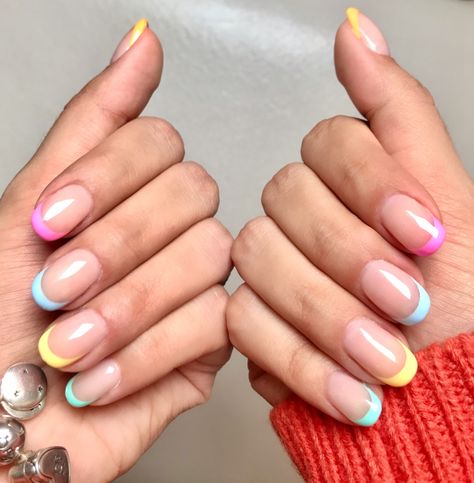 Pale Rainbow Nails, Rainbow French Nails Tips, Short Rainbow French Nails, Rainbow Colors Nails, Multi Colour Tips Nails, Multi Color Tips Nails, Neon Tips Short Nails, Coloured Tipped Nails, Rainbow French Tip Nails Short