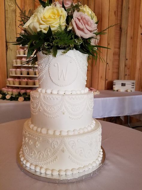 Custom Hand Piped Wedding Cake White Piping Wedding Cake, Hand Piped Wedding Cake, Piped Wedding Cake, Wedding Cake Piping Designs, Vintage Style Wedding Cake, Wedding Cake Piping, Cake Piping Designs, Southern Wedding Cakes, Old School Wedding