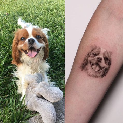 Cavalier Tattoo, Pet Portrait Tattoos, Pet Tattoo Ideas, Animal Tattoos For Women, Pet Tattoos, Pawprint Tattoo, Octopus Tattoo Design, Portrait Tattoos, Hip Tattoos