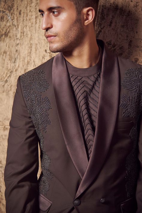 Buy Brown Suiting Embroidered Tuxedo And Pant Set For Men by Rachit Khanna Online at Aza Fashions. Dark Brown Tuxedo, Fancy Kurta For Men, Embroidered Tuxedo, Brown Tuxedo, Nehru Jacket For Men, Tonal Embroidery, Wedding Outfit Men, Tuxedo Pants, Fashion Suits