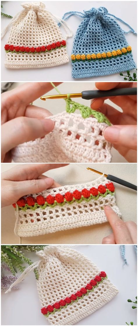 Crochet Easy Tulip Net Pouch Tulip Crochet Bag Pattern, Tulip Pouch Crochet, Crochet Tulip Bag, Diy Crochet Purse, Womens Crochet Patterns, Crochet Bag Pattern Free, Crochet Easy, Crochet Pouch, Crochet Purse Patterns