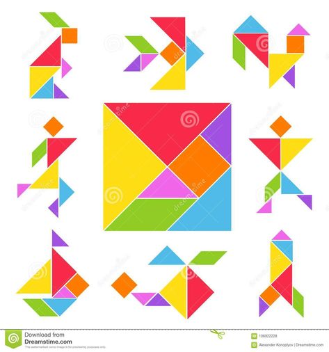 Tangram Shapes, Tangram Activities, Tangram Patterns, Shapes Printable, Zelda Birthday, Tangram Puzzles, Flat Style, Preschool Learning, Color Shapes