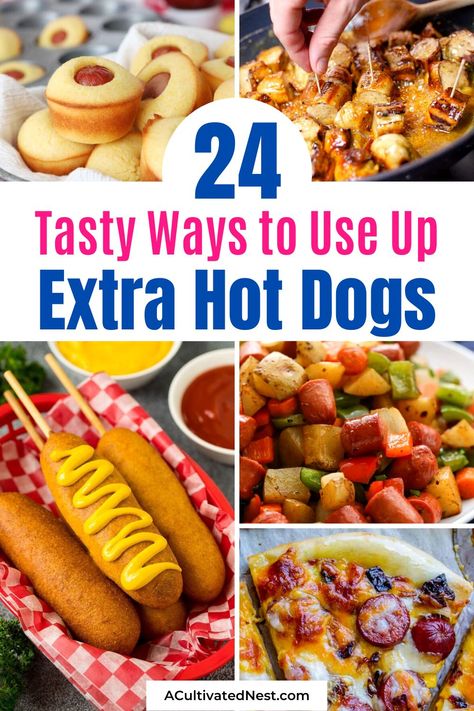 24 Tasty Recipes Using Leftover Hot Dogs- If you don't know what to do with the hot dogs left over from your cookout, here are many tasty recipes using leftover hot dogs! | #recipes #hotDogs #recipeIdeas #dinnerRecipes #ACultivatedNest Appetizer With Hot Dogs, Soup With Hot Dogs, Cheap Meals With Hotdogs, Polish Sausage Hot Dog Recipes, Leftover Hot Dog Recipes What To Do, Quick Hot Dog Recipes, Hot Dogs Dinner Ideas, Ways To Cook Hot Dogs Ideas, Uses For Hot Dog Buns