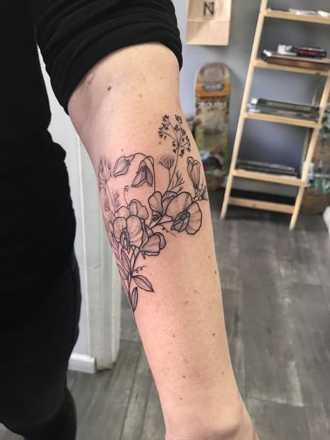 Sweet Pea Sleeve Tattoo, Sweet Pea Floral Tattoo, Sweet Pea Wrap Around Tattoo, Sweet Pea Shoulder Tattoo, Sweat Pea And Daisy Flower Tattoo, Sweet Pea And Rose Tattoo, Pea Plant Tattoo, Sweet Pea Vine Tattoo, Sweetpea And Daisy Tattoo