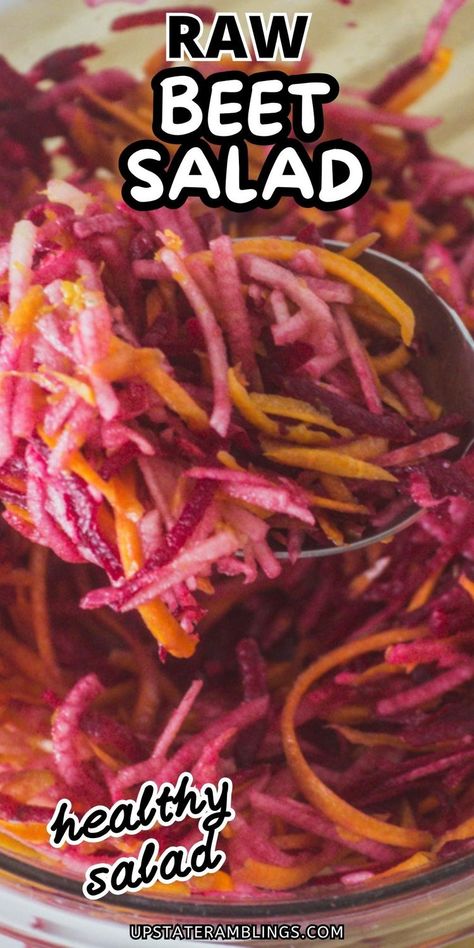 Raw Beet Salad with Apples and Carrots  for healthy dinner Pinterest pin. Raw Beets How To Prepare, Raw Beet Salad, Side Dish Salad, Salad With Apples, Bulk Cooking, Beet Salad Recipes, Raw Beets, Sweet Apples, Healthy Dinner Options