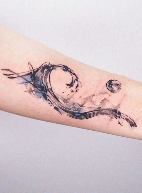 Oceanography Tattoo, Waves On Wrist Tattoo, Ocean Music Tattoo, Water Based Tattoos, Shaded Wave Tattoo, Water Themed Tattoos For Women, Water Forearm Tattoo, Ocean Tatoos Woman, Dolphin Wave Tattoo