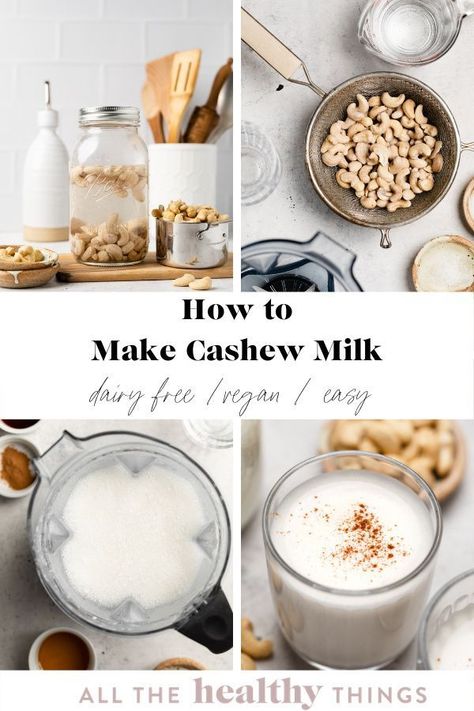 Homemade cashew milk is creamy, delicious, and so easy to make. With just three simple ingredients you can make your own nut milk from scratch and use it everything from your morning coffee to your favorite recipes. This is an easy staple recipe and a great alternative to buying expensive plant based milks. #milk #cashew #nut Peanut Butter Rice Crispy Treats, Cashew Milk Recipe, All The Healthy Things, Homemade Cashew Milk, Homemade Nut Milk, Dairy Free Recipes Easy, Vanilla Chia Pudding, Make Almond Milk, Dairy Free Alternatives