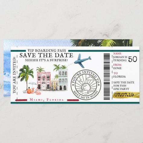 Boarding Pass | Surprise Destination Birthday Destination Birthday Invitations, Birthday Ticket, Surprise Birthday Invitations, 50th Birthday Party Invitations, Tropical Palm Trees, Epic Party, 50th Birthday Invitations, Beach Tropical, Birthday Board