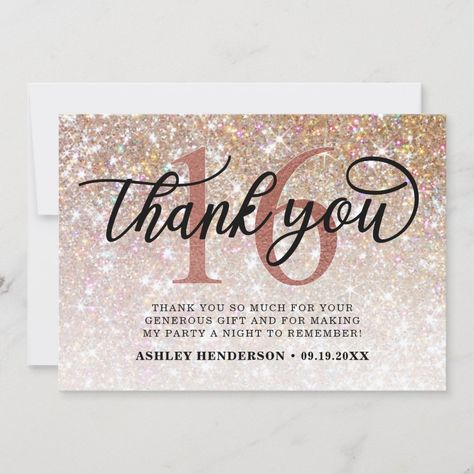 Glitter Ombre Sweet 16 Birthday Thank You Card | #sweet16thankyou #16thbirthdaythankyou #glittersweet16 #sweet16glitterthankyou #champagne #rosegold #pink #chic #calligraphy #elegant 18th Birthday Souvenir Ideas, Champagne Background, Debut Taylor, Background Rose, Birthday Prayer, Debut Ideas, Birthday Glitter, Glitter Champagne, Birthday Souvenir