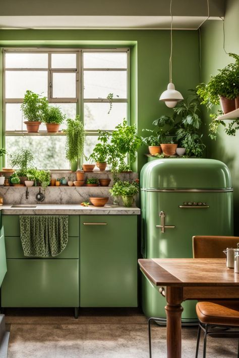 Green kitchen Avocado Green Kitchen, Kitchen Reference, Eccentric Kitchen, Navy Blue Furniture, Kitchen Bohemian, Eclectic Kitchen, Green Throw, Photoshoot Inspo, Green Decor