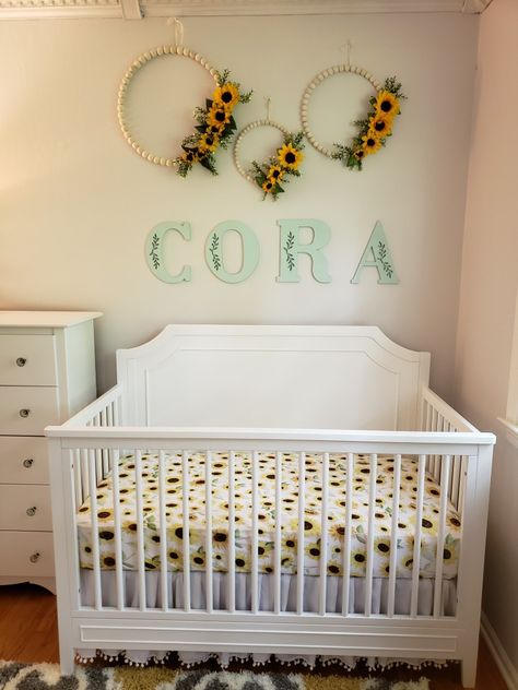 Nursery Ideas Sunflower, Cow Print And Sunflower Nursery, Sunflower Nursery Theme Girl, Sunflower Nursery Ideas, Sunflower Nursery Theme, Charlotte Nursery, Sunflower Mobile, Honey Bee Nursery, Sunflower Room