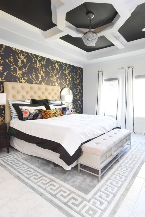 A JAW DROPPING master bedroom makeover with a black, white and gold color palette. Love how glam and chic the space is- so unique! Bedroom Wallpaper Accent Wall, Bedroom Inspirations Master, Picture Wall Bedroom, Gold Bedroom Decor, Bedroom Accent, Gold Bedroom, Accent Wall Bedroom, Ideas Hogar, Wallpaper Accent