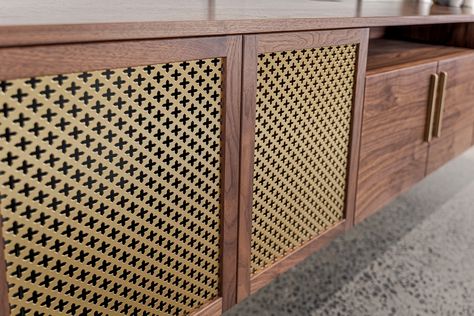 Decorative Metal Sheets, Perforated Metal Panel, Diy Cabinet Doors, Tv Cabinet Design, Joinery Design, Art Deco Cabinet, Joinery Details, Muebles Living, Rack Tv