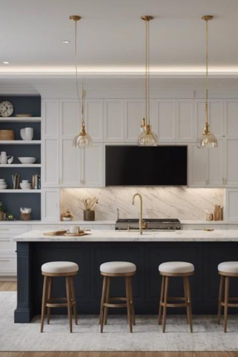 Modern kitchen with white cabinets, marble backsplash, gold pendant lights, and a black center island with four stools. Half Wall Bar, Modern Half Wall, Room Half Wall, Kitchen Half Wall, Wall Between Kitchen And Living Room, Half Wall Kitchen, Half Wall Room Divider, Half Wall Ideas, Wall Room Divider