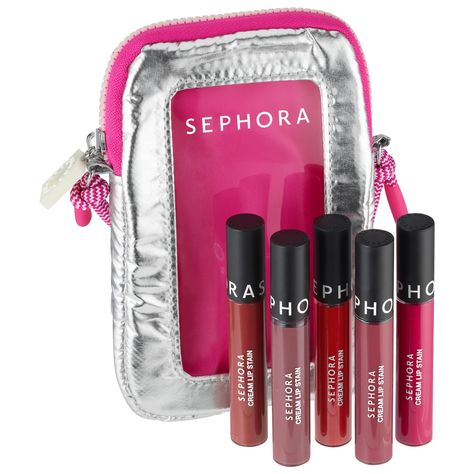 A set of five timeless shades of the iconic SEPHORA COLLECTION no-transfer Cream Lip Stain. What Else You Need to Know: This is a giftable set of five must-have shades of the Cream Lip Stain, now available in a new vegan formula that is ultra-matte and transfer-proof with long-lasting hold of 10 hours and comes in a festive, reusable silver pouch that can be used as a phone case even after the holiday season. This Set Contains: - 5 x 0.16 oz/ 5 mL Cream Lip Stains in 01 Always Red, 13 Marvelous Mauve, 124 Rose Instinct, 126 Hot Hot Pink, 127 Frozen Pomegranate Sephora Collection Cream Lip Stain, Sephora Lip Stain, Moving Lights, Sephora Cream Lip, Lipstick Gift Set, Sephora Lip, Cream Lip Stain, Liquid Lipstick Set, Face Kit