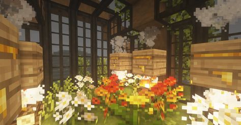 Aesthetic Minecraft Bee Sanctuary, Mizuno Minecraft, Bee Sanctuary Minecraft, Minecraft Bee Sanctuary, Bee Sanctuary, Dark Academia House, Garden Minecraft, Academia House, Minecraft Decor