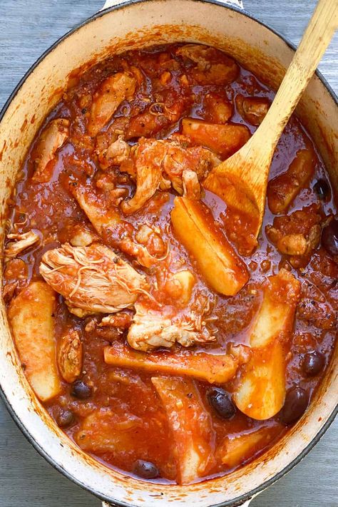 An easy and super delicious one pot dinner recipe. Greek chicken and potatoes stew!   #GreekChicken #GreekPotatoes #ChickenAndPotatoes #ChickenStew #EasyRecipe Chicken Tomato Recipe, Chicken And Tomato Recipes, Tomato Sauce Chicken, Greek Chicken And Potatoes, Greek Spices, Canned Plums, Chicken And Potato, Greek Dinners, Greek Potatoes