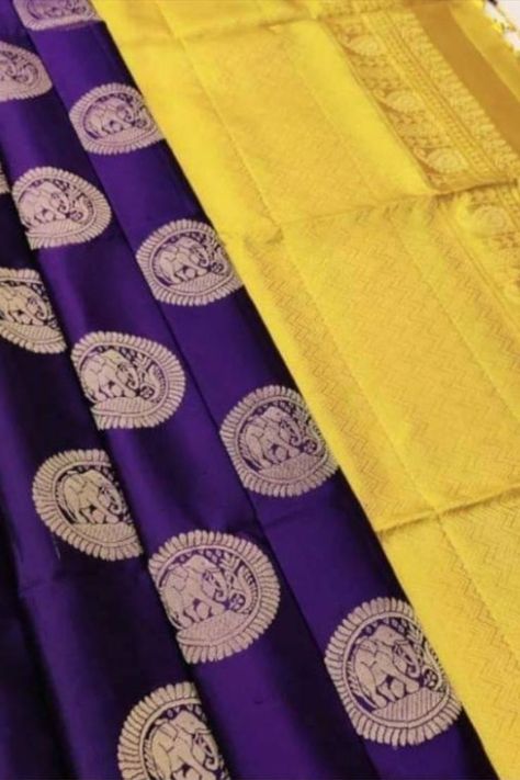 Purple Kanchipuram Saree, Violet Silk Saree, Yellow Silk Saree, Yellow Violet, Silk Saree Blouse, Yellow Silk, Kanchipuram Saree, Purple And Yellow, Yellow Blouse