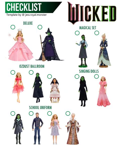 How many dolls are already part of your collection? 🩷✨️💚 Checklist a few days before the premiere of the movie @wickedmovie . Cuantas muñecas forman ya parte de tu colección?🩷✨️💚 Checklist a pocos días del estreno de la película @wickedmovie #cynthiaerivo #elphaba #arianagrande #glindathegoodwitch #glinda #wicked #galinda #wickedmovie #wizardofoz @mattel @mattelcreations @mattelmexico @barbie @universalpictures Wicked Merchandise, Wicked Premiere, Galinda Wicked, Wicked Dolls, The Wiz Musical, Halloween Bucket List, Elphaba Wicked, Glinda Wicked, Monster High G3