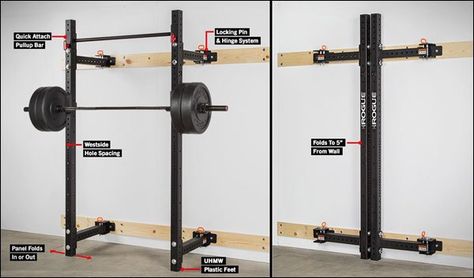 Rogue RML-3W Folding Wall Rack vs all the other folding racks - Rack Buying Guide. Diy Power Rack, Gym Squat Rack, Gym Basement, Home Gym Basement, Home Gym Garage, Diy Home Gym, Diy Gym, Basement Gym, Rogue Fitness