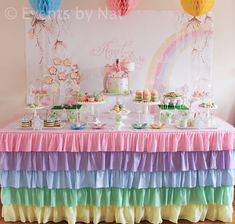 Dessert Table at a Pastel Rainbow Fairy Party #pastel #desserttable 40th Birthday Party Themes, Rainbow Fairy, Rainbow Unicorn Party, Rainbow Theme Party, Rainbow Parties, Rainbow Fairies, Pastel Party, Fairy Birthday Party, Rainbow Birthday Party