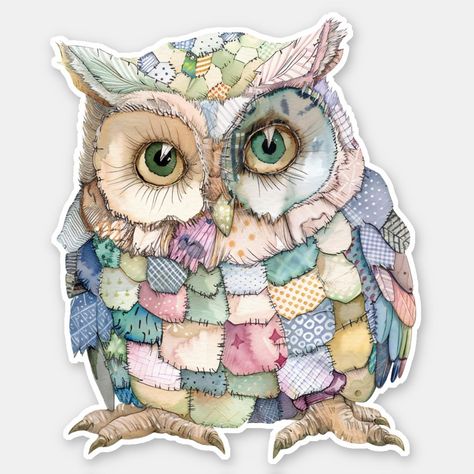 Patchwork Owl Sticker Boho Birds, Pencil Drawings Of Animals, Owl Stickers, Arte Folk, Mosaic Birds, Cute Strawberry, Card Toppers, Cute Clipart, Flower Doodles