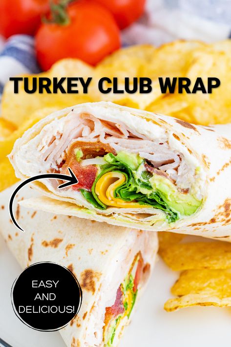 A turkey club wrap cut in half on a white plate with potato chips. Ham And Turkey Lunch Meat Ideas, Lunch Wraps Turkey, Cold Wraps Recipes Lunch Ideas, Deli Turkey Wraps, Healthy Ham Wraps For Lunch, Sliced Turkey Sandwich Recipes, Cold Meat Wraps, Turkey And Ham Wraps, Southwest Turkey Wrap