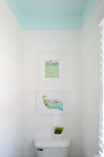 Adding Color And Trim To A Bathroom Ceiling | Young House Love Bathroom Ceiling Paint, Bathroom Improvements, Painted Bathroom, Walk In Shower Designs, Blue Ceilings, Young House, Young House Love, Bathroom Ceiling, House Color