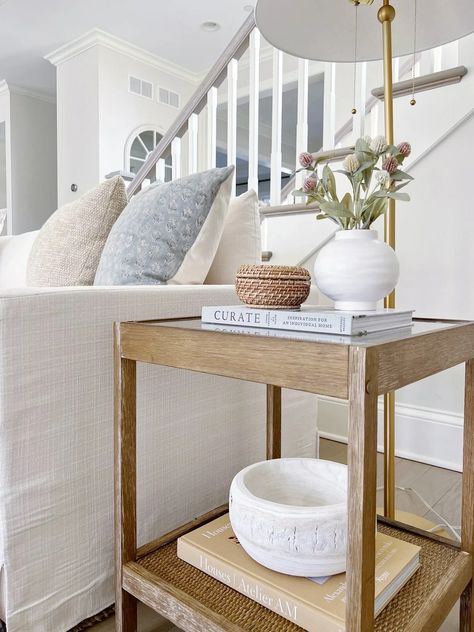 Table decor ideas Table In Between Two Chairs, Accent Table Next To Fireplace, Minimalist End Table Decor, Living Room Side Table With Lamp, Neutral Side Table Decor, Styling Small End Table, Sectional Couch End Table Ideas, Livingroom Side Tables, Coffee Table And Side Table Ideas