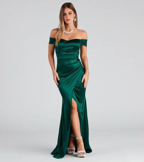 Formal Long Dress, Wrap Dress Styles, A Moment To Remember, Dressy Outfit, Emerald Dresses, Homecoming Outfits, Arm Cuffs, Rhinestone Heels, Green Prom Dress