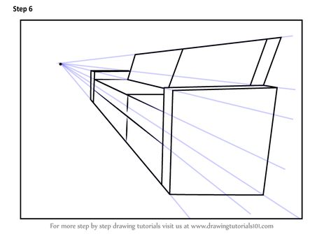 Learn How to Draw One Point Perspective Couch (One Point Perspective) Step by Step : Drawing Tutorials 1 Point Perspective Drawing Building, Furniture One Point Perspective, One Point Perspective Furniture, Couch Perspective Drawing, Drawing Of A Couch, How To Draw A Couch, Couch Drawing, Perspective Step By Step, 1 Point Perspective Drawing