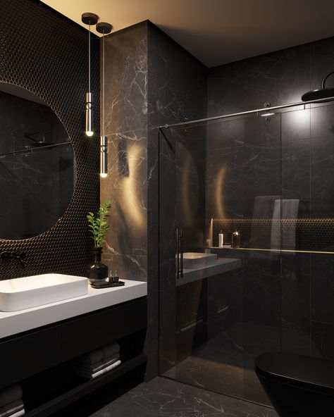 Black Tile Bathrooms, Bathroom Design Black, Dark Bathrooms, Bathroom Inspiration Modern, Washroom Design, Bad Inspiration, Bathroom Design Inspiration, Bathroom Design Decor, Bathroom Design Luxury