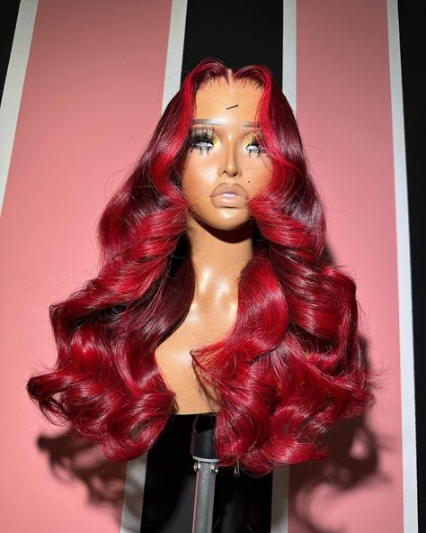 Wigs With Tensil, Valentine Wig Hairstyles, Red Frontal Wig Hairstyles, Valentines Hairstyles Black Women, Cherry Red Wig, Wigs With Color, Black Women Red Hair, Red Ombre Wig, Red Hair Wigs