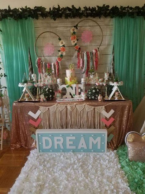 Dream Catcher Birthday Party Ideas | Photo 19 of 23 | Catch My Party Dream Catcher Party Ideas, Dream Catcher Birthday Party, Pocahontas Birthday Party, Macrame Bunting, Chic Birthday Party, Wild Birthday Party, Boho Birthday Party, Bohemian Baby Shower, Chic Birthday