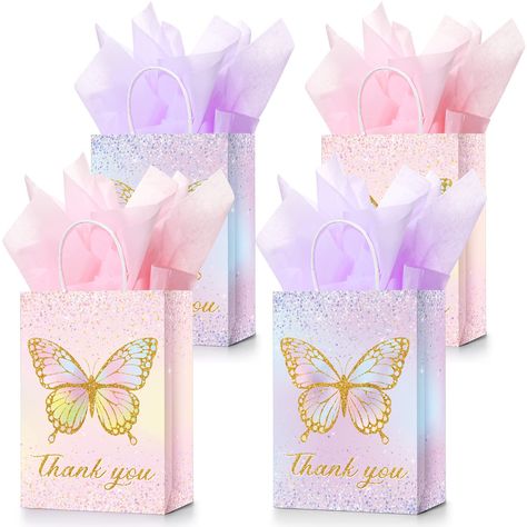 PRICES MAY VARY. Butterfly Party Supplies: you will get 16 pieces of glitter butterfly paper bags with handles and 16 pieces of tissue paper in pink and purple, 8 pieces for each color, which are enough for your party decoration Glitter Butterfly Theme: these butterfly goodie bags are exquisitely designed in 2 styles, namely glitter pink flowers and purple flowers, matched with elegant pink gold and purple gold butterflies, as well as tissue paper; The wonderful color combination can create a go