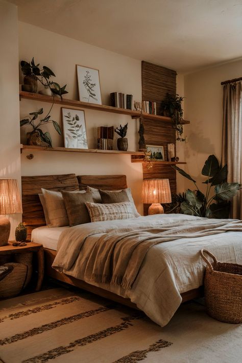 A spacious earthy bedroom designed for couples, featuring wooden furniture, soft linens, and potted greenery for a calming retreat. New Couple Room Decoration, Rustic Cozy Bedroom Aesthetic, Earth Tone Color Bedroom, Tan Wall Room Ideas Bedrooms, Clean But Cozy Bedroom, Neutral Color Room Aesthetic, Earthy Boho Home Aesthetic, Wood Frame Bedroom Ideas, Neutral Earth Tone Bedroom