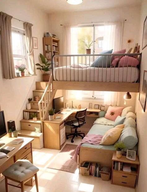 A Loft Bed, Beds For Small Rooms, Loft House Design, Small Room Design Bedroom, House Floor Design, Small Apartment Design, Loft Beds, Room Redesign, Loft House