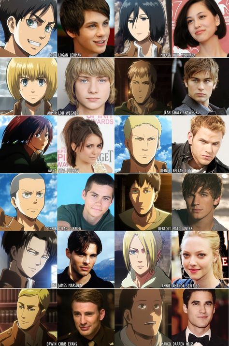 AOT Cast // I don't like Levi's or Jean's personally, but Armin's is creepily good... Attack On Titan Characters, Dragonball Evolution, James Marsden, Dream Cast, Memes In Real Life, Snk Cosplay, Hxh Characters, Attack On Titan Funny, Titans Anime