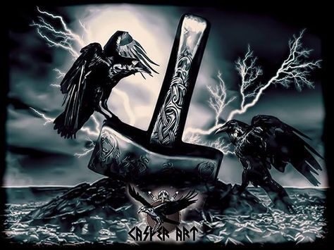 Huginn and Muninn                                                                                                                                                                                 Mehr Thor Hammer Tattoo, Viking Symbols And Meanings, Rabe Tattoo, Arte Viking, Huginn And Muninn, Viking Tattoo Symbol, Viking Tattoo Sleeve, Odin's Ravens, Viking Metal