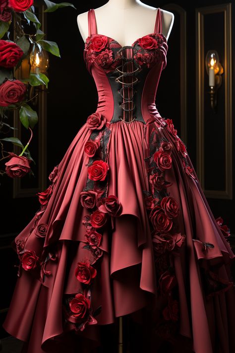 Goth Rose Dress, Red Gala Dresses, Black Rose Dress, Red And Black Gown, Rose Petal Dress, Villain Dresses, Rose Prom Dress, Rose Embroidered Dress, Dress With Roses