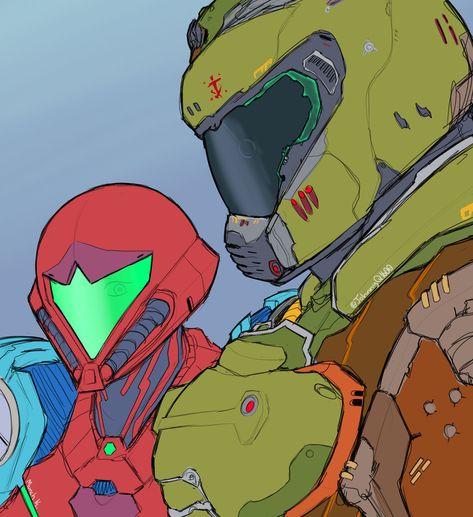 Safebooru - 1boy 1girl armor artist request breasts crossover doom (game) doom (series) doomguy gloves helmet highres looking at viewer metroid metroid dread parody power suit praetor suit samus aran simple background varia suit | 3563408 Metroid Dread, Doom Videogame, Super Smash Bros Videos, Doom Slayer, Doom Game, Metroid Samus, Super Metroid, Cartoon Fan, Samus Aran