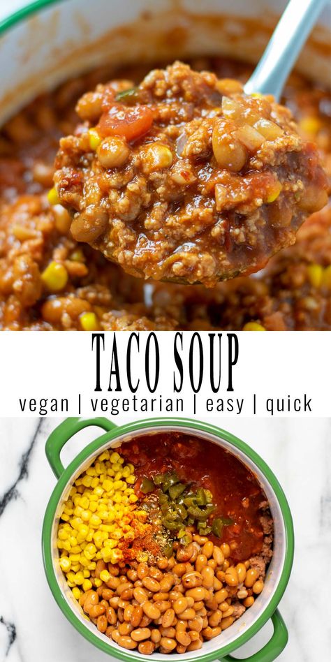 Contentedness Cooking, Taco Soup Recipe Easy, Latino Food, Vegetarian Soups, Vegan Ground Beef, Vegan Taco, Recipes Vegetables, Heart Diet, Easy Chili