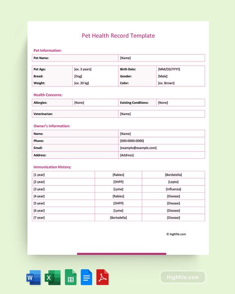 Pet Health Record Template - Word, Excel, PDF, Docs and Sheets Vet Design, Record Printable, Record Template, Pet Health Record, Health Record, Cold Email, Pet Businesses, Red Dirt, Cat Cafe