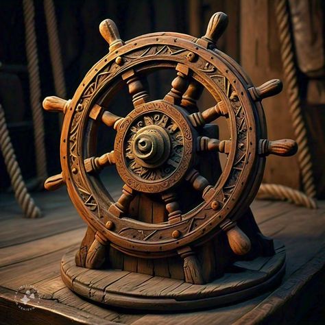 Helmsman Ships, Pirates Art, Ship Helm, Wooden Handicrafts, Character Profiles, Anchors Aweigh, Props Concept, Pirate Art, Ship Wheel