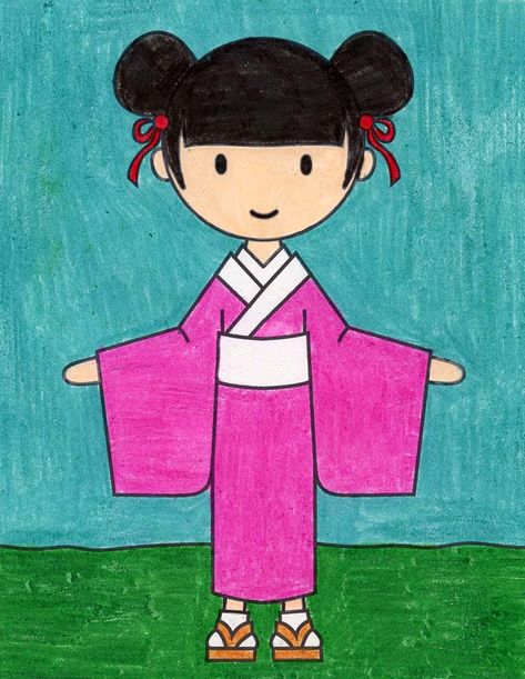 Japanese Dress Drawing, Dress Drawing Easy, Line Art Projects, Drawing Classes For Kids, Drawing Pics, Kimono Art, School Decoration, Japanese Kids, Japanese Drawings