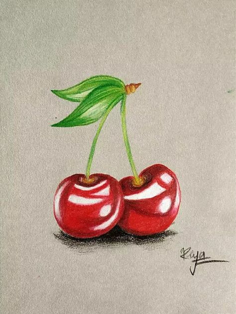 A colourful drawing of cherry on brustro grey sketch book by brustro colour pencils 🍒🌿❤️💚 Cherry Colour Pencil Drawing, Cherry Colored Pencil Drawing, Small Realistic Drawings, Colored Pencil Drawing Animals, Realistic Drawings Colour, Easy Drawings With Colour Pencils, Colour Pencil Shading Drawings, Colour Shading Drawing, Still Life Colour Pencil